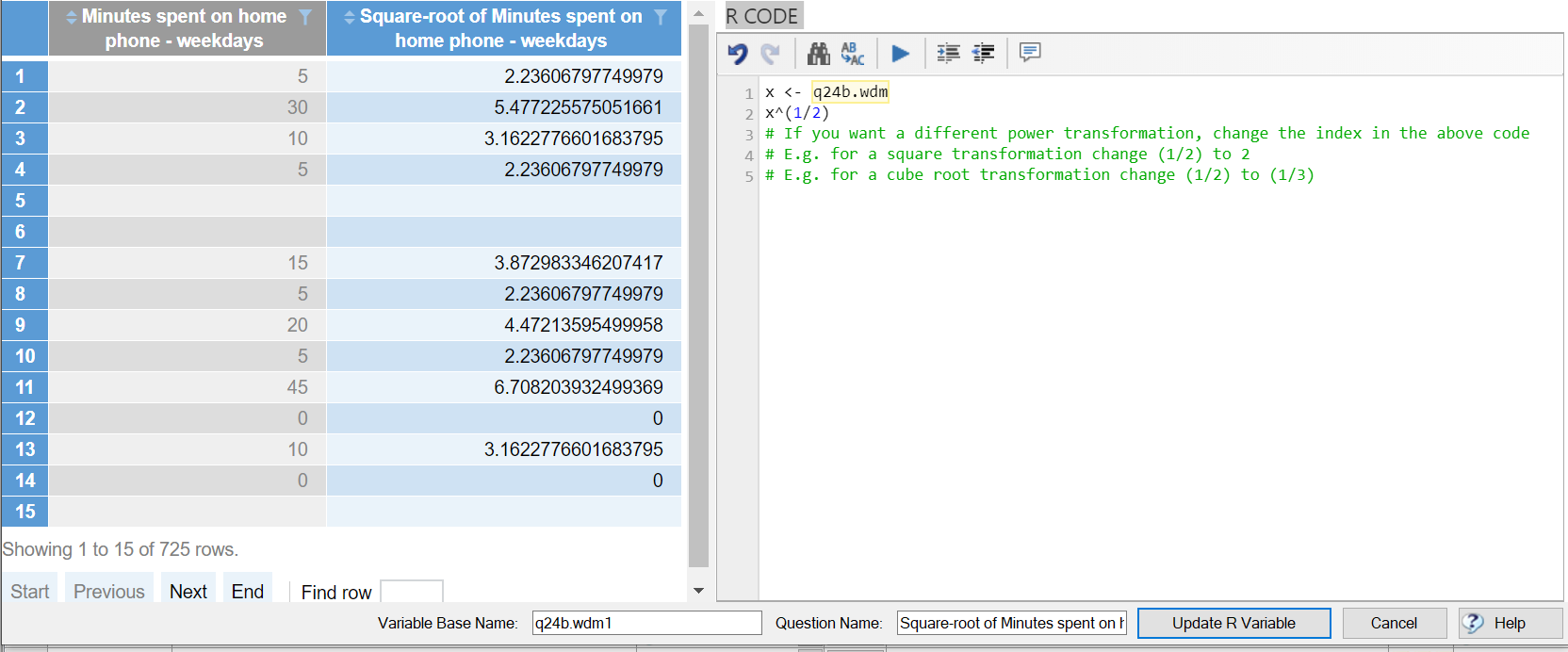 Square-root Transform Example in Q